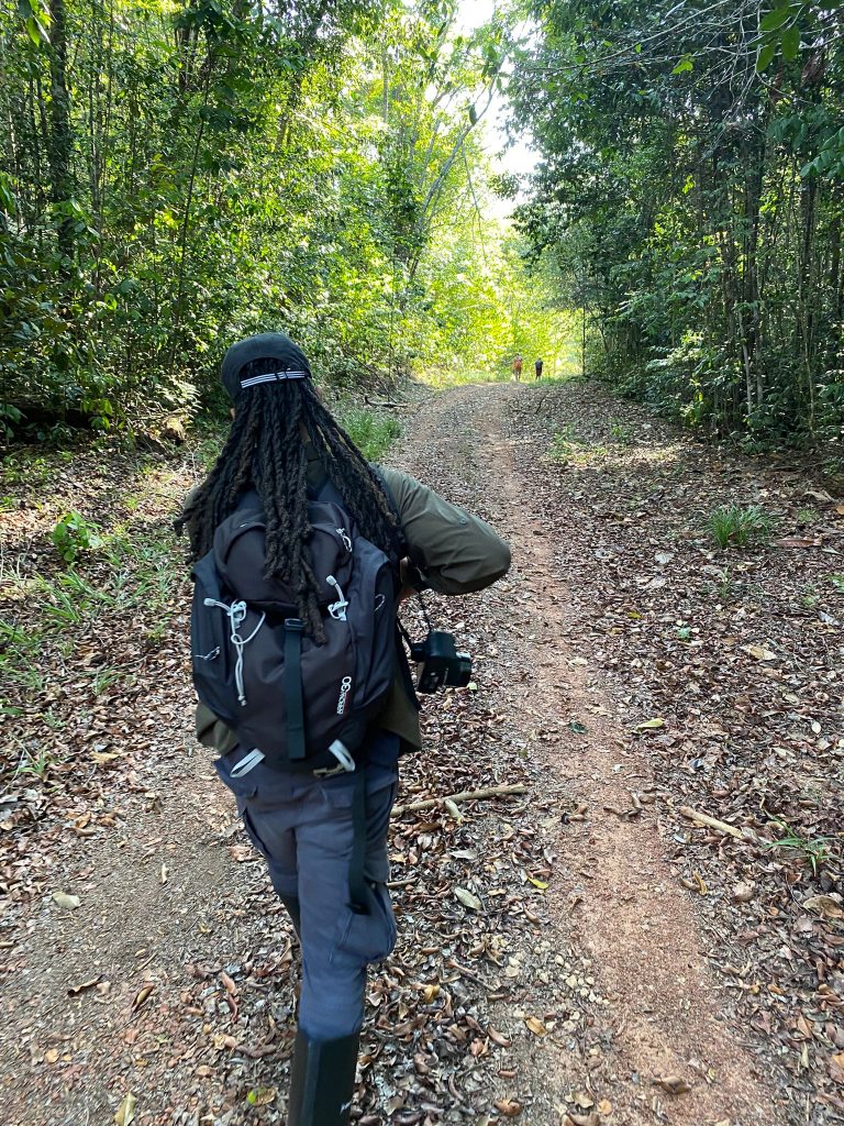Shomari walking in the Amazon forest of French Guiana